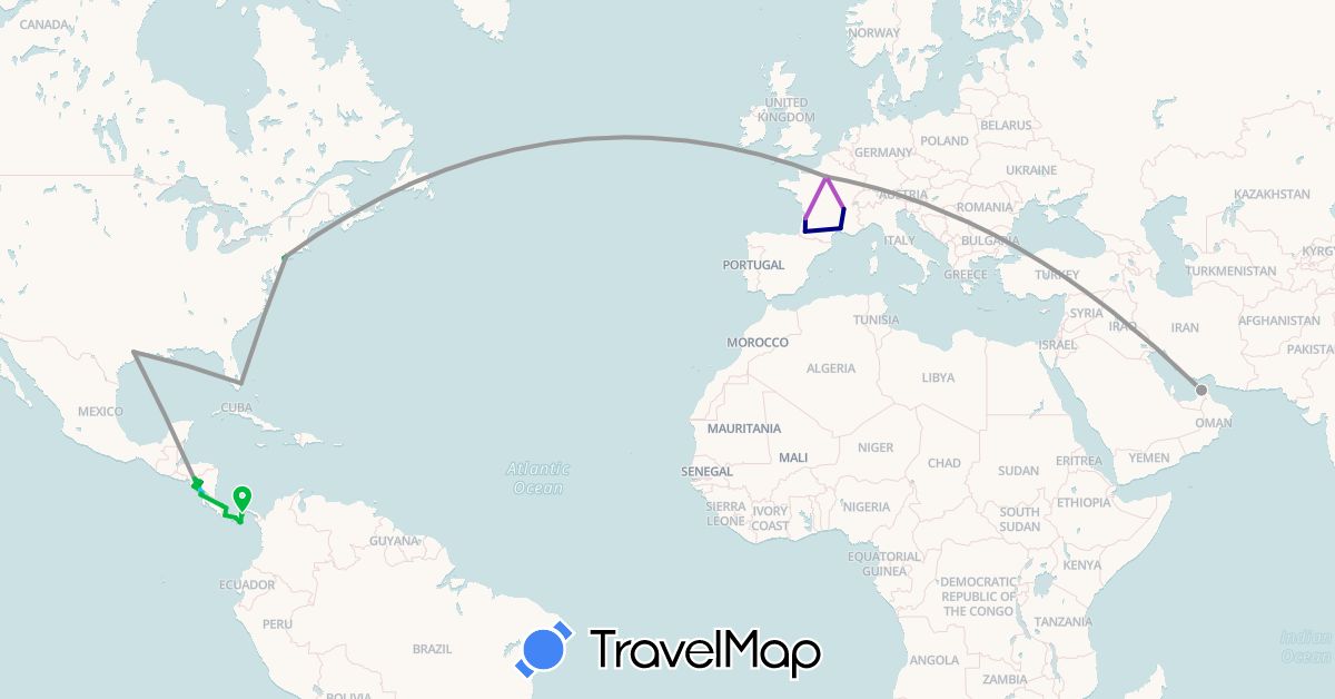 TravelMap itinerary: driving, bus, plane, cycling, train, hiking, boat in United Arab Emirates, Costa Rica, France, Nicaragua, Panama, United States (Asia, Europe, North America)